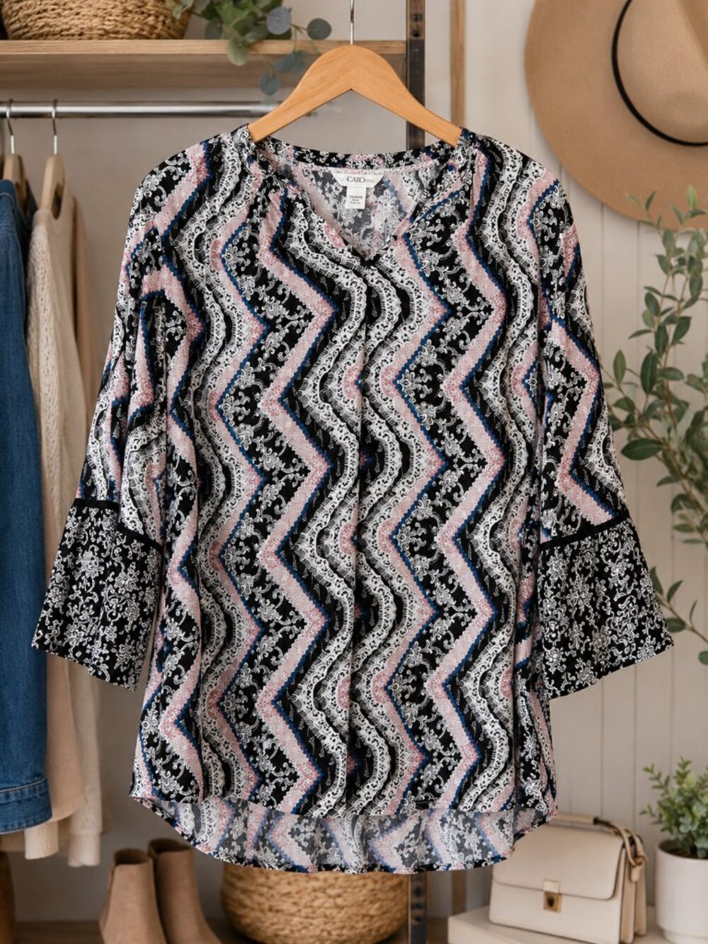 Cato 18/20W Boho Paisley Chevron Print Bell Sleeve Blouse Plus  100% Cottagecore